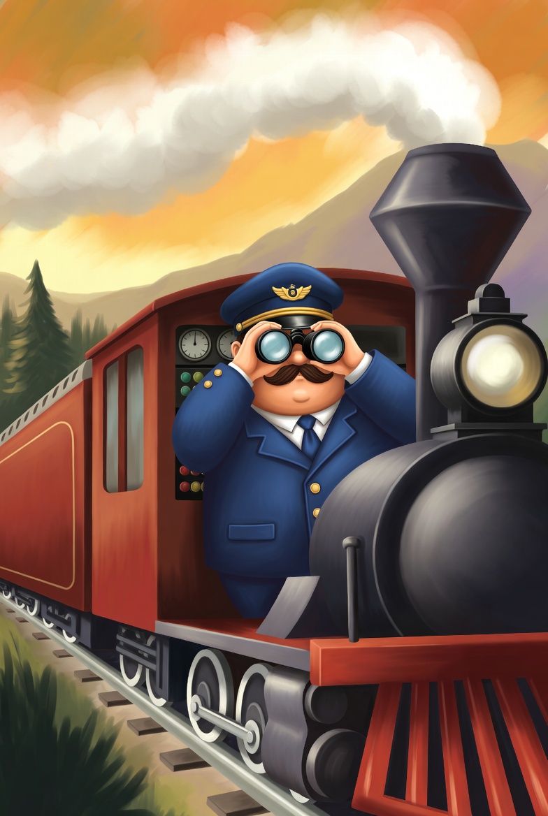 A picture of a train conductor with binoculars